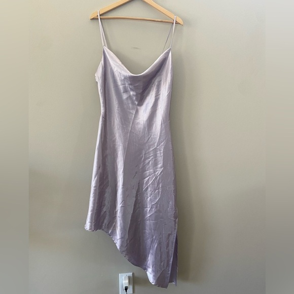 Lavender Sexy Cowl Neck Silky Slip Sleeveless Asymmetrical Side Slit Midi Dress - Picture 2 of 4
